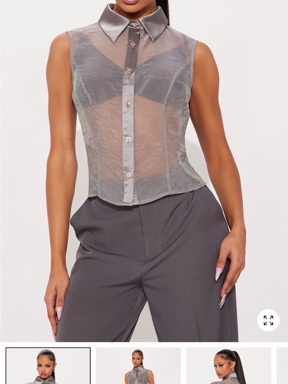 Fashion Nova Silver Sheer Satin-Trim Sleeveless Button Top